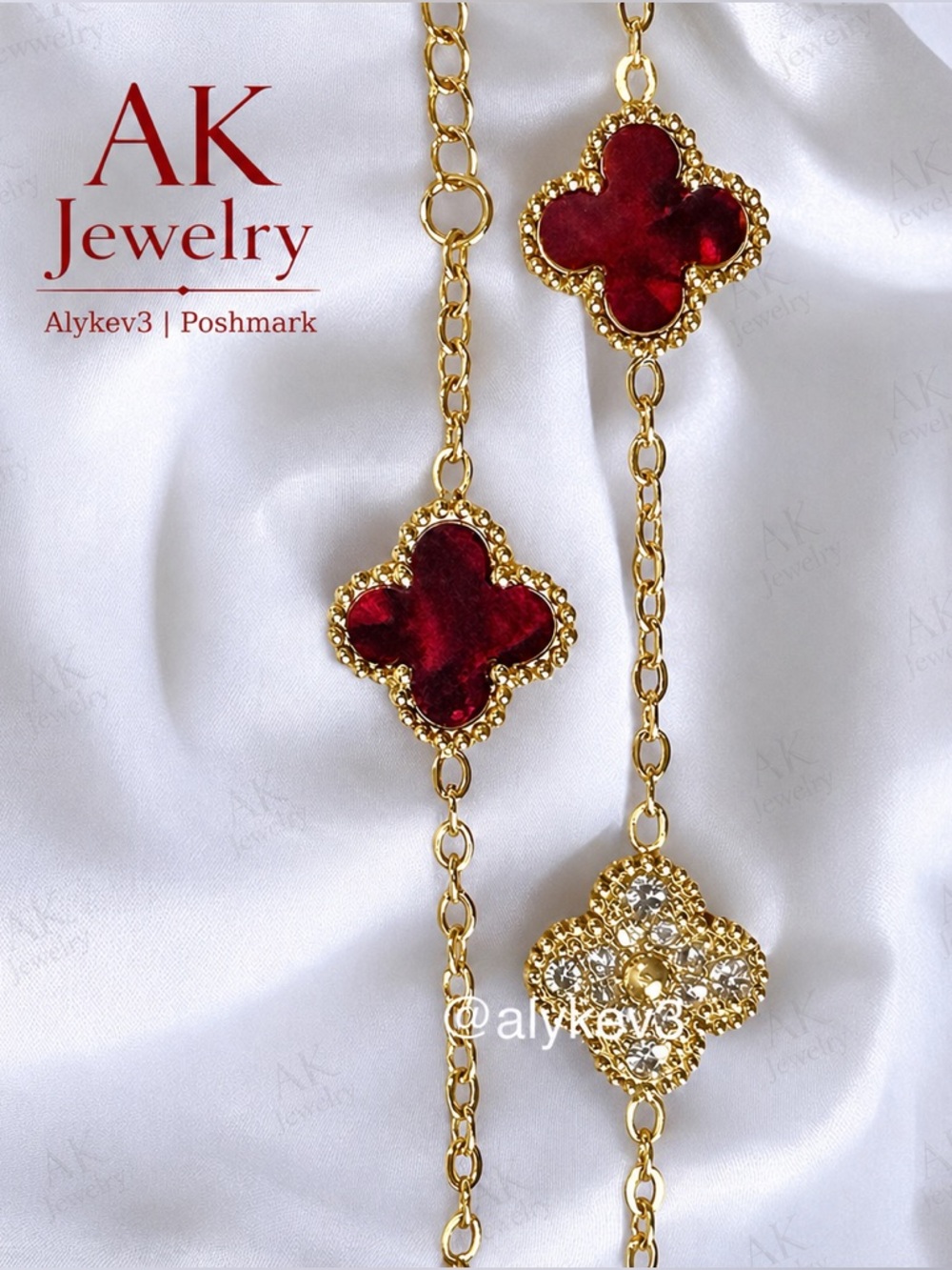 💎NECKLACE Ruby Red LUXURY 18k QUATREFOIL Clover 10  Pave Classic Elegance